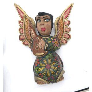 Hand Carved Mexican Folk Art Angel w Guitar Mandolin Hecho en Mexico Wall 9"